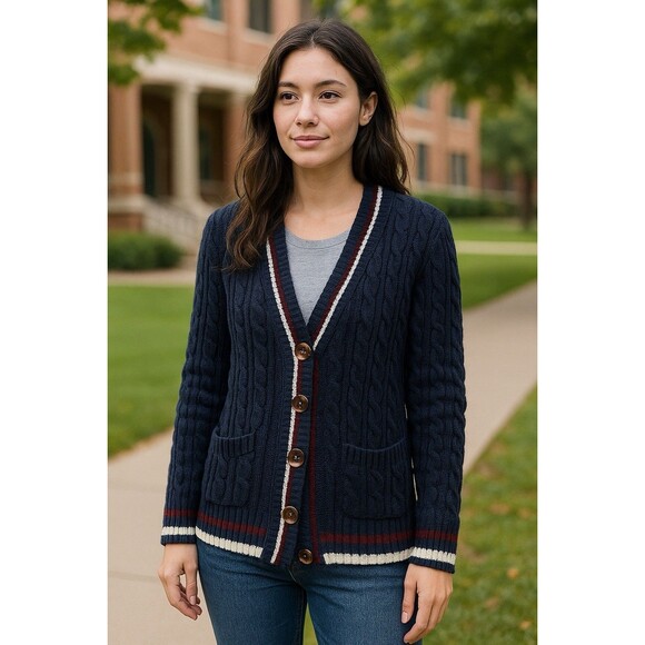 Forever 21 Women’s Preppy Cable Knit Cardigan Ivy League Varsity Academia Sz Lg - Picture 2 of 8